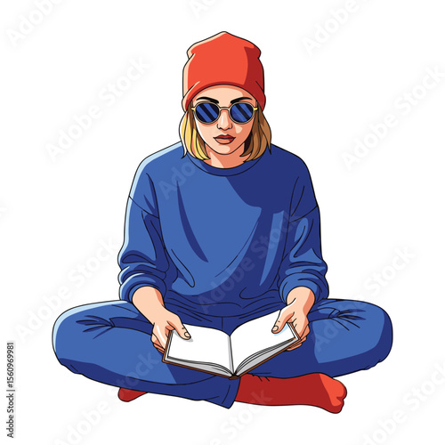 Stylish Woman Reading Book Outdoors, Modern Lifestyle Illustration for Creative Projects