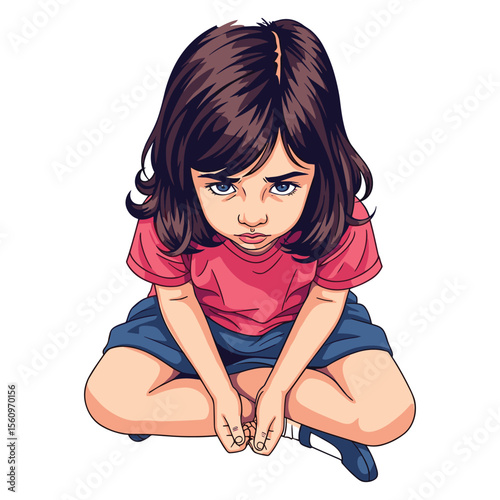 Cartoon Young Girl with Sad Expression Sitting on the Floor Vector Illustration