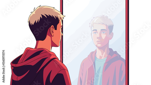 Illustration of a young man looking at his reflection in a mirror with introspective expression