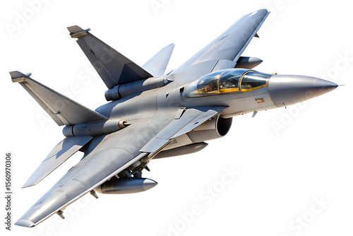 Gray fighter jet plane with swept wings and a glass cockpit tilted slightly to the right isolated on a transparent background