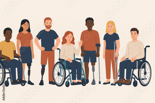 Diverse people with disabilities using wheelchairs, prosthetics, crutches in empowering inclusive vector illustration