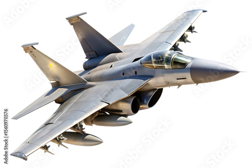 Gray fighter jet plane with missiles tilted slightly to the right isolated on a transparent background