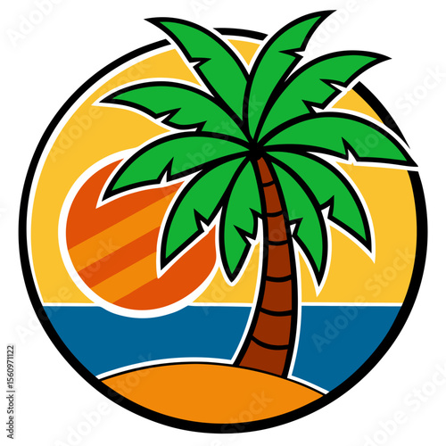 Stylized tropical beach scene with a palm tree sun and ocean waves