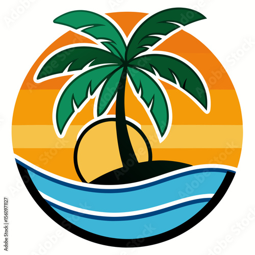 Stylized tropical island with palm tree and ocean waves at sunset