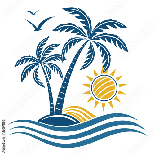 Stylized tropical island scene with palm trees sun ocean waves and flying birds