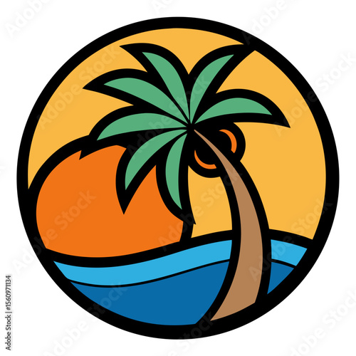Stylized tropical sunset with palm tree over ocean waves in a circle