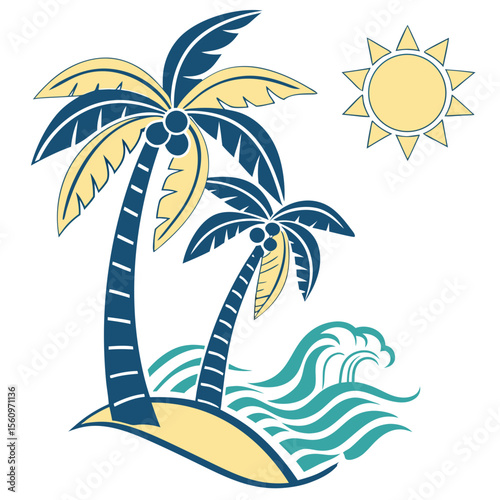 Stylized tropical island with palm trees ocean waves and a bright sun