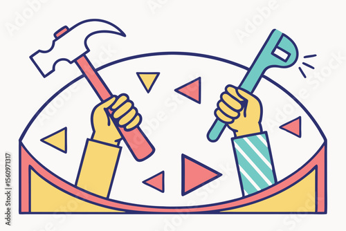 Hands Holding Hammer and Wrench Illustration tools