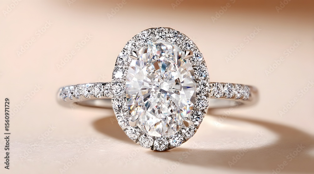 Fototapeta premium Exquisite Oval Diamond Sparkles in a Silver Setting