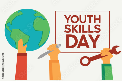 Hands holding tools and globe with Youth Skills Day text