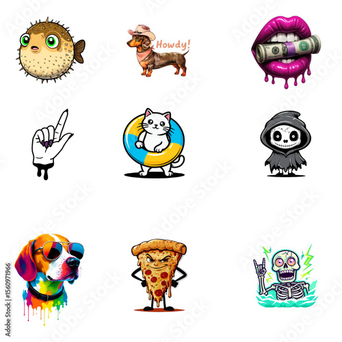 Funny Cartoon Colorful Sticker Set - Fun Design of Creative Animal and Human Characters in PNG Format