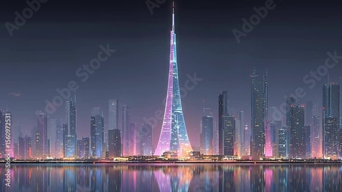 Futuristic Dubai Skyscraper Night View.