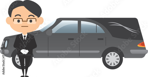 男性葬儀屋さんと霊柩車のイメージイラスト