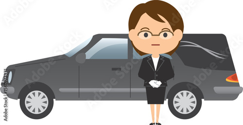 女性葬儀屋さんと霊柩車のイメージイラスト