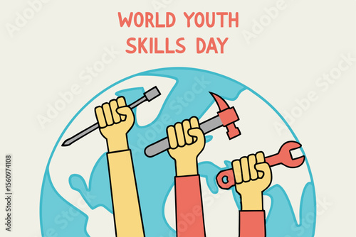 Hands Raising Tools Illustration for World Youth Skills Day