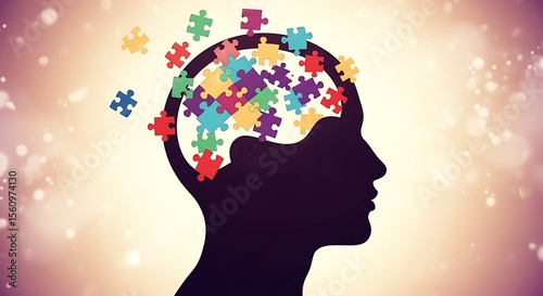 Silhouette of a head filled with puzzle pieces against a glowing bokeh background representing mental health challenges and solutions