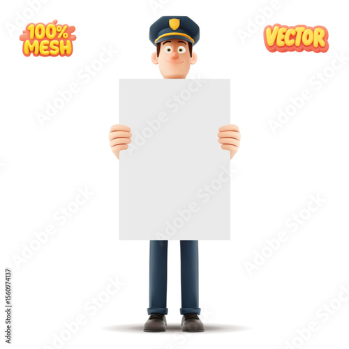 Vector realistic isolated policeman holding a blank sheet of paper on white background. Concept of police announcement and warning.