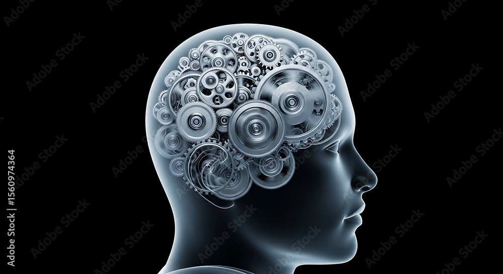 Obraz premium Profile of a human head silhouette filled with mechanical gears showing the concept of mind, intellect and thinking against a dark background.