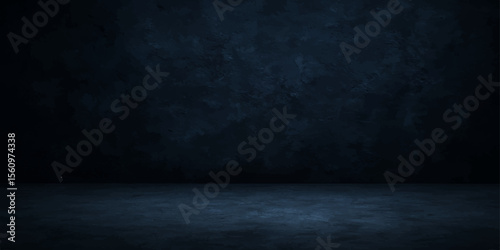 Dark, grunge concrete room interior with textured black wall and vintage rough floor