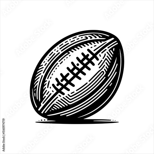 A monochrome illustration of an American football with visible laces and textured surface.