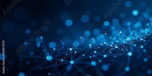 Blue glowing abstract fiber optic background with light spots and bokeh effects