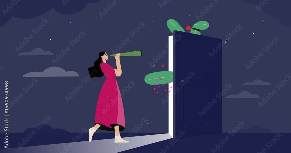 Looking in unknown future. Moving banner with Curious woman with telescope in her hands looks through open door. Search for life path and journey into subconscious. Flat graphic animated cartoon Looking in unknown future. Moving banner with Curious woman with telescope in her hands looks through open door. Search for life path and journey into subconscious. Flat graphic animated cartoon