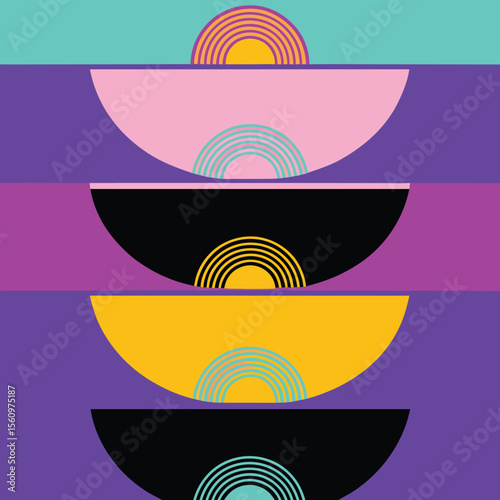 Colorful geometric abstract composition with rounded shapes and semicircular patterns