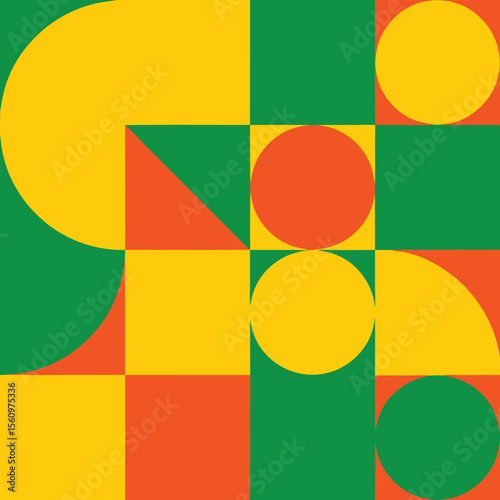 Colorful geometric abstract design featuring squares circles and triangles in vibrant hues