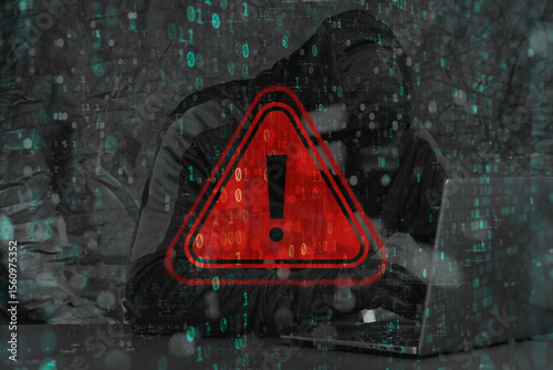 A hooded hacker behind a laptop with a red glowing warning with a triangle and exclamation mark. Binary code overlays the scene, emphasizing the concept of data leakage and cybercrime.