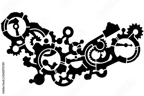 Intricate black silhouette of abstract mechanical gears and cogs creating a complex steampunk or industrial design concept. Vector illustration for decal. laser cut