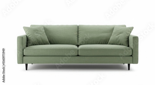 Modern green sofa with pillows isolated on white background