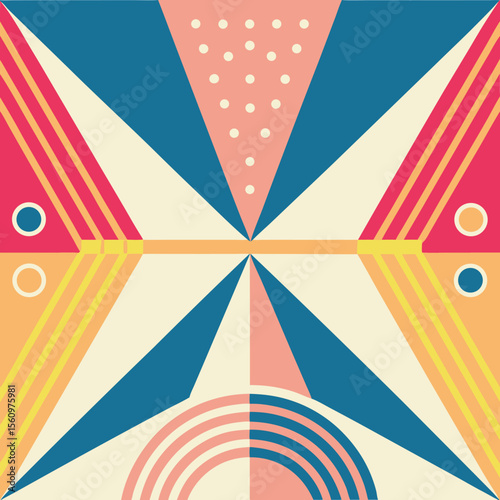 Colorful geometric composition with symmetrical abstract shapes and bright color palette