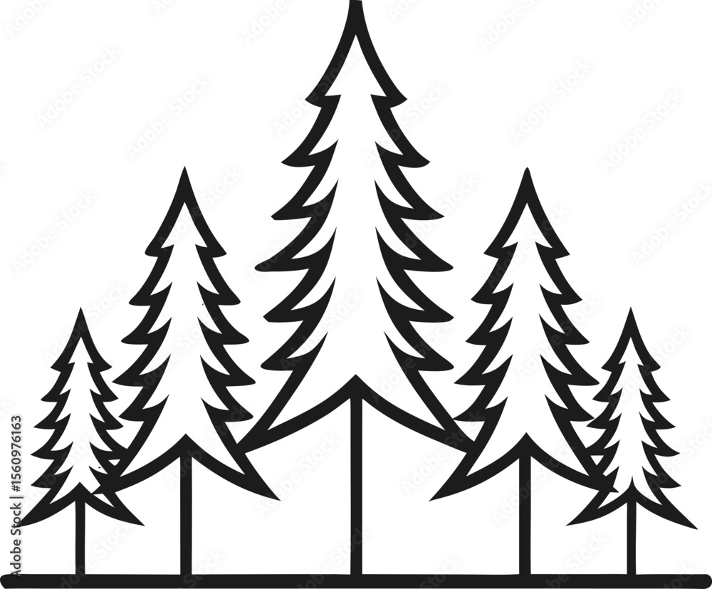 Fototapeta premium Minimalist line drawing of a pine tree forest silhouette with white background.