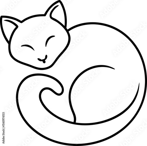 Minimalist line art of a sleeping cat curled up with white background.