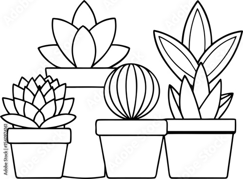 Monoline outline of various succulents in pots (set) with white background.