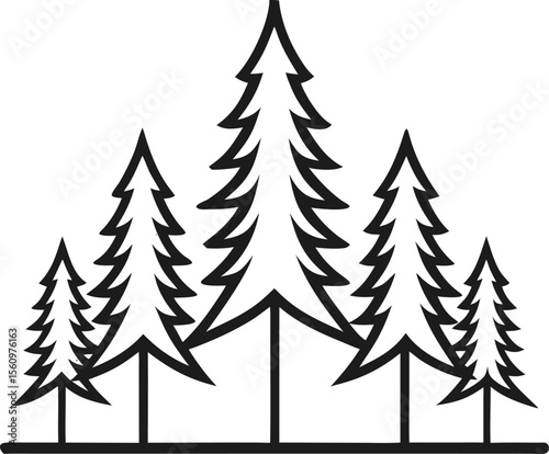 Minimalist line drawing of a pine tree forest silhouette with white background.