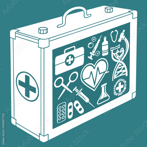Medical first aid kit healthcare symbols and tools illustration
