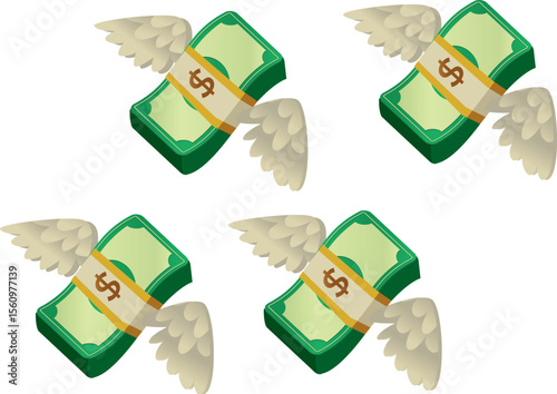 Illustration of multiple flying money bills with wings representing the idea of wealth and opportunity in a creative design concept.