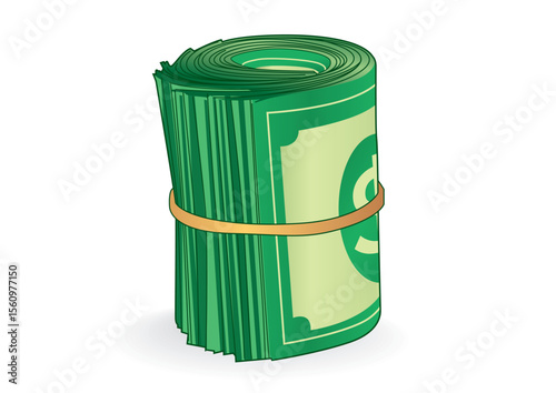 Rolled stack of cash bundled together with a rubber band illustrating financial stability and abundance in an engaging design concept.