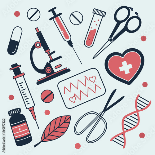 Medical healthcare science illustration syringes pills microscope test tubes dna