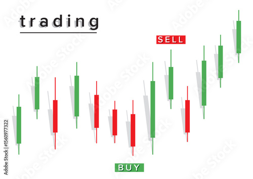 Illustration of a trading candlestick chart featuring buy and sell indicators, showcasing market movements with green and red bars for price changes in a visually engaging financial design.