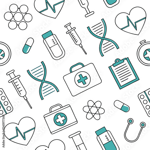Medical healthcare seamless pattern green icons white background