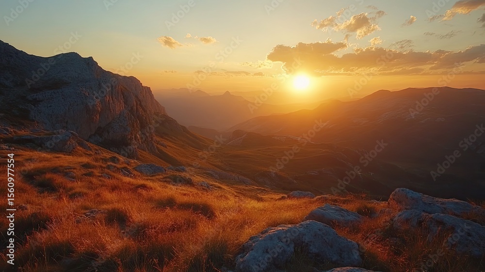 Naklejka premium Amazing bright sunset over rocky, cloudy mountain landscape during golden hour