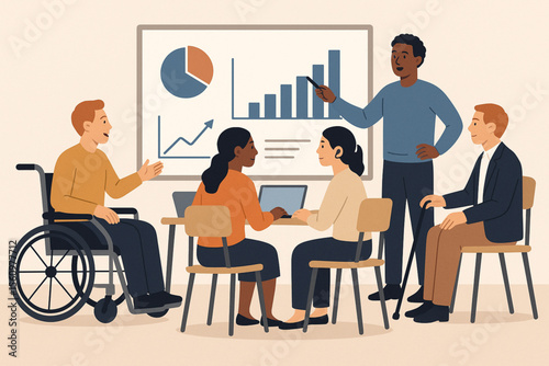 Inclusive workplace meeting with people with disabilities using accessible tools and collaborating on data presentation