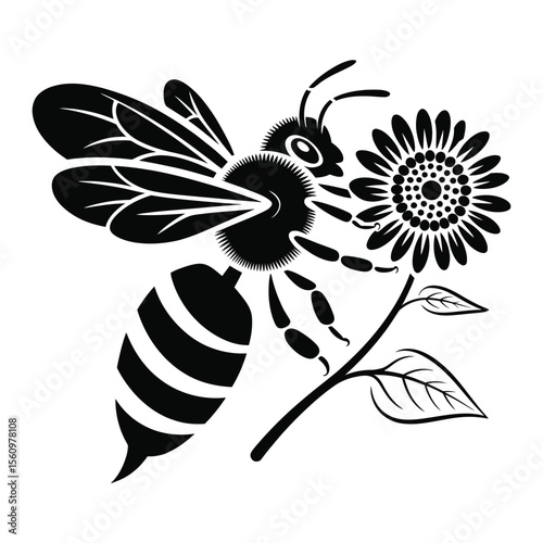 Bold Black and White Bee and Flower Silhouette Design for Nature Lovers

