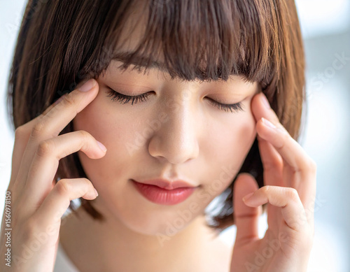 こめかみを押さえる若い女性/Young woman holding her temples