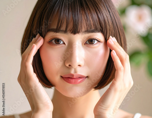 こめかみを押さえる若い女性/Young woman holding her temples