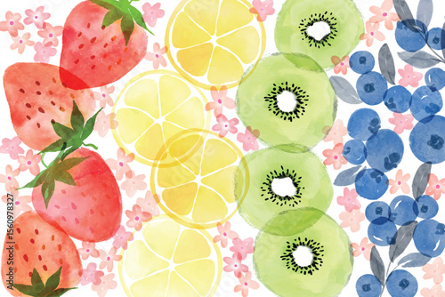 Summer fruits watercolor art colorful pattern background. Sweet kiwi, strawberry, blueberry and lemon in frame.Summer fruits pattern. Fruit berry background. Watercolor fruit texture