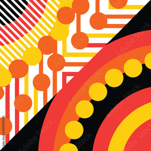 Geometric abstract composition of colorful circles lines and angular shapes on white