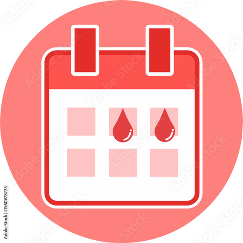 Period tracker red pink icon, featuring a menstrual calendar with blood menstruation symbol.